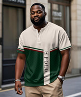 Men's Plus Size Daily Casual Green Stripe Alphabet Print Henry Collar Button Short Sleeve T-Shirt